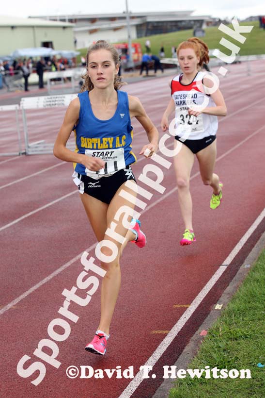 Lydia Turner (Birtley) leads Philippa Chambers (Gateshead)during the under-17s 3000 metres at the Northern Under-17s and 15s Championships, Liverpool.